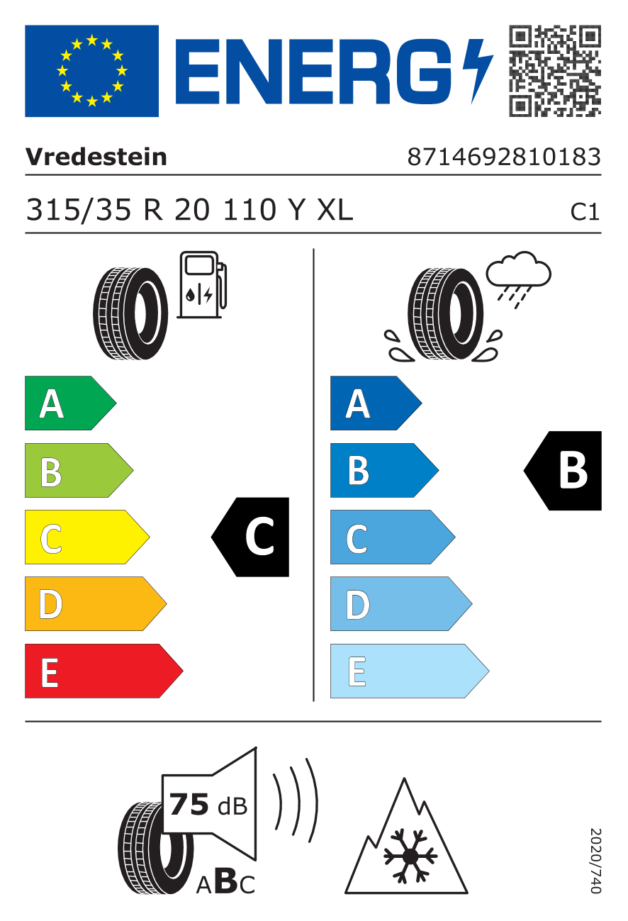 Étiquette européenne du pneu Vredestein Quatrac Pro 315/35 R20