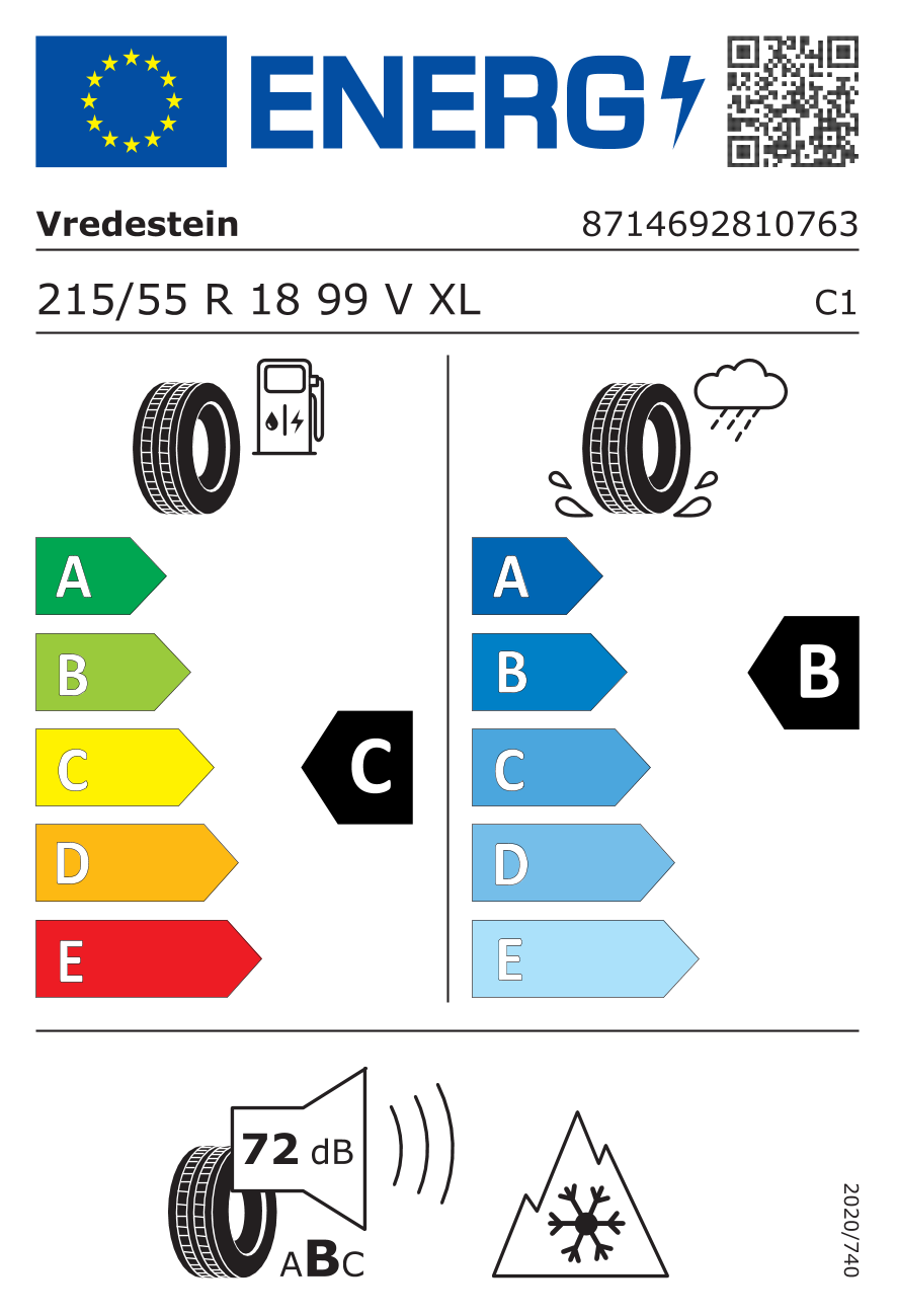 Étiquette européenne du pneu Vredestein Quatrac Pro+ 215/55 R18