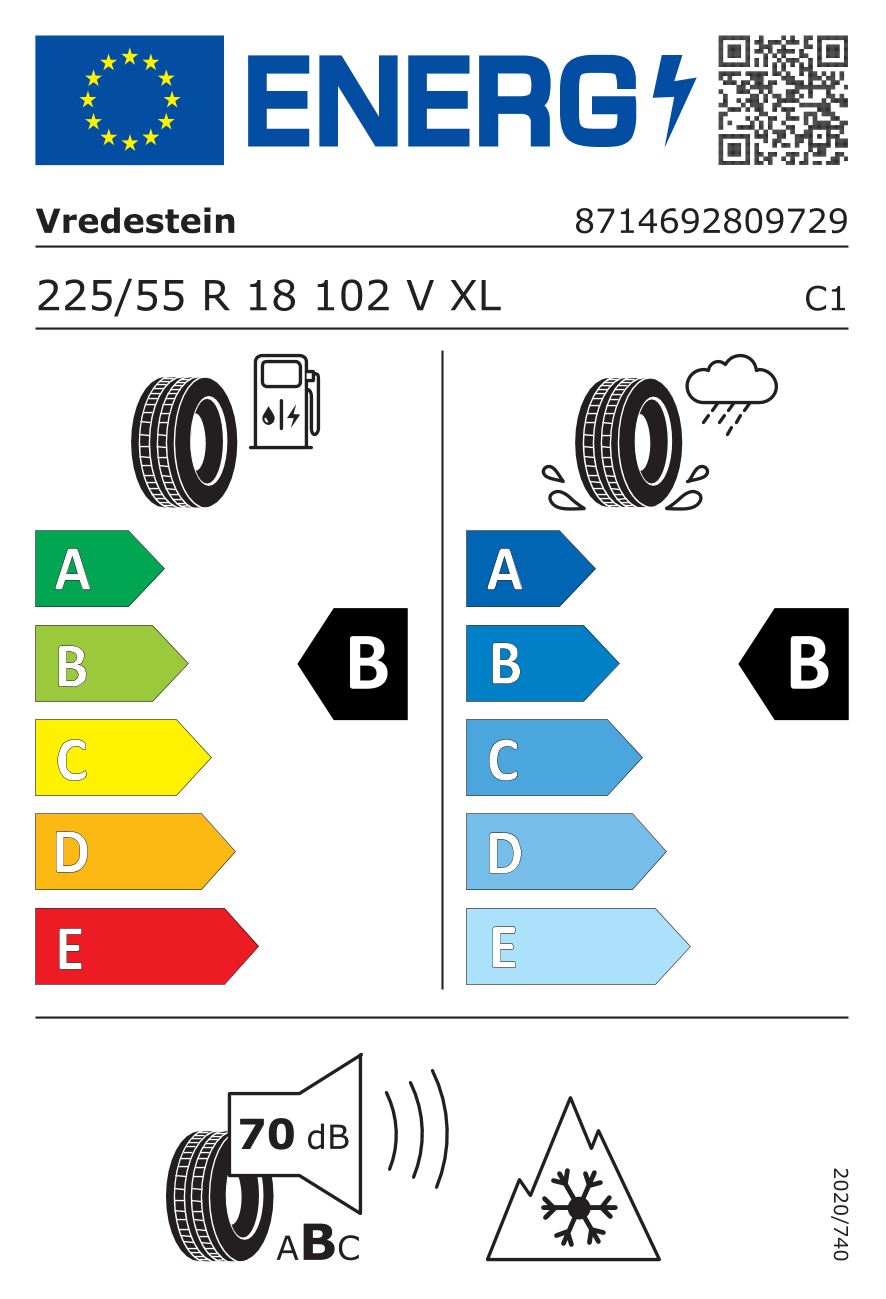 Étiquette européenne du pneu Vredestein Quatrac Pro EV 225/55 R18
