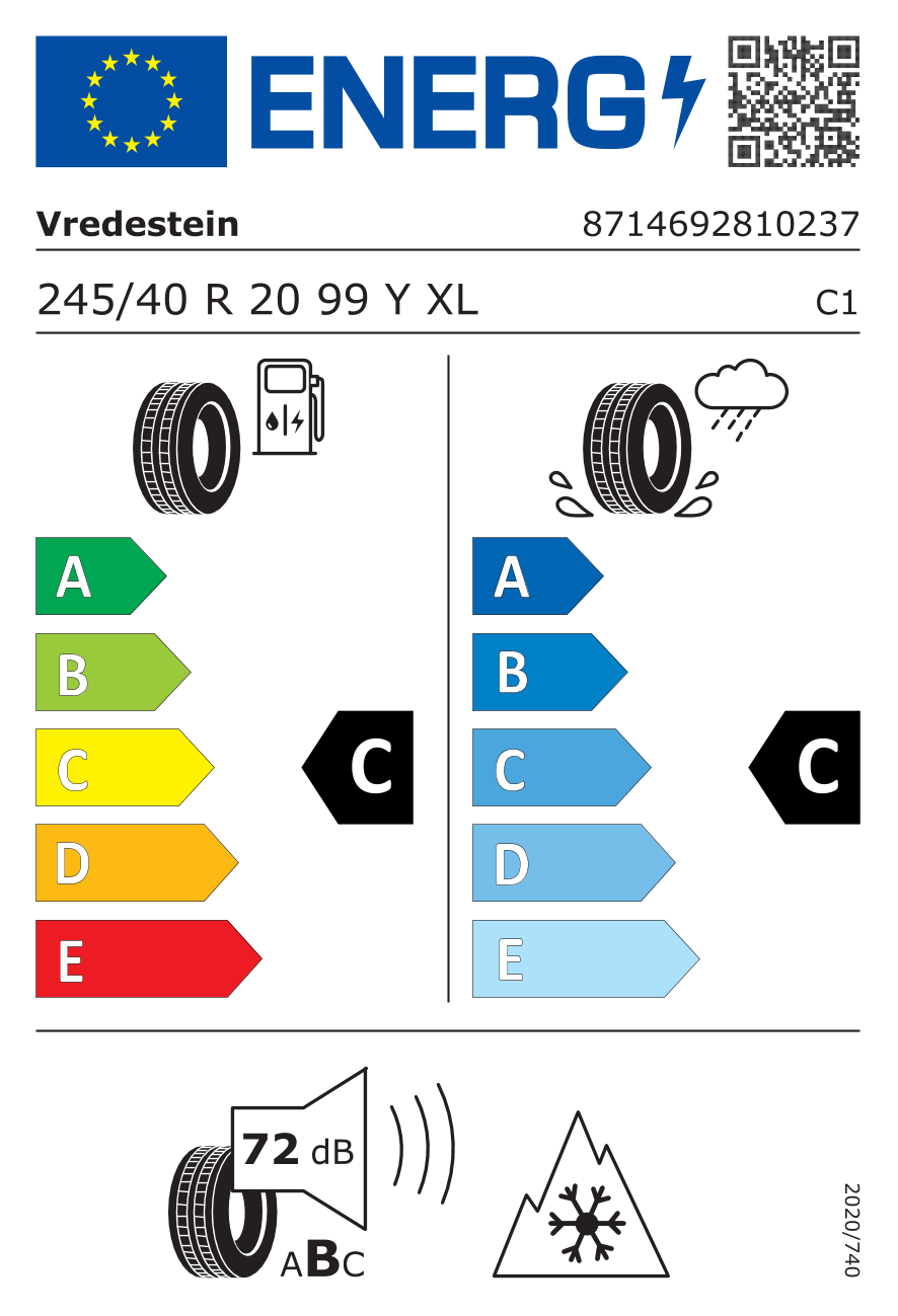 Étiquette européenne du pneu Vredestein Quatrac Pro 245/40 R20