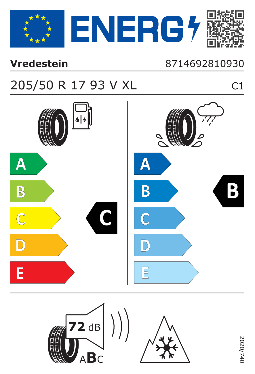 Étiquette européenne du pneu Vredestein Quatrac Pro+ 205/50 R17
