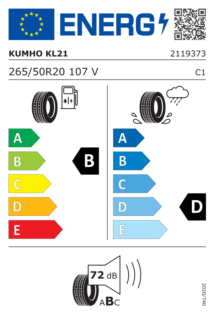 Étiquette européenne du pneu Kumho Eco Solus KL21 265/50 R20