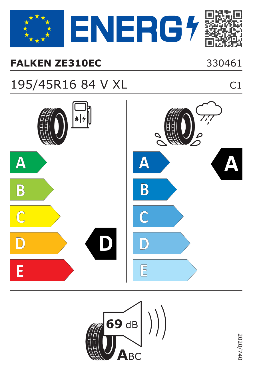 Étiquette européenne du pneu Falken Ziex ZE310 Ecorun 195/45 R16