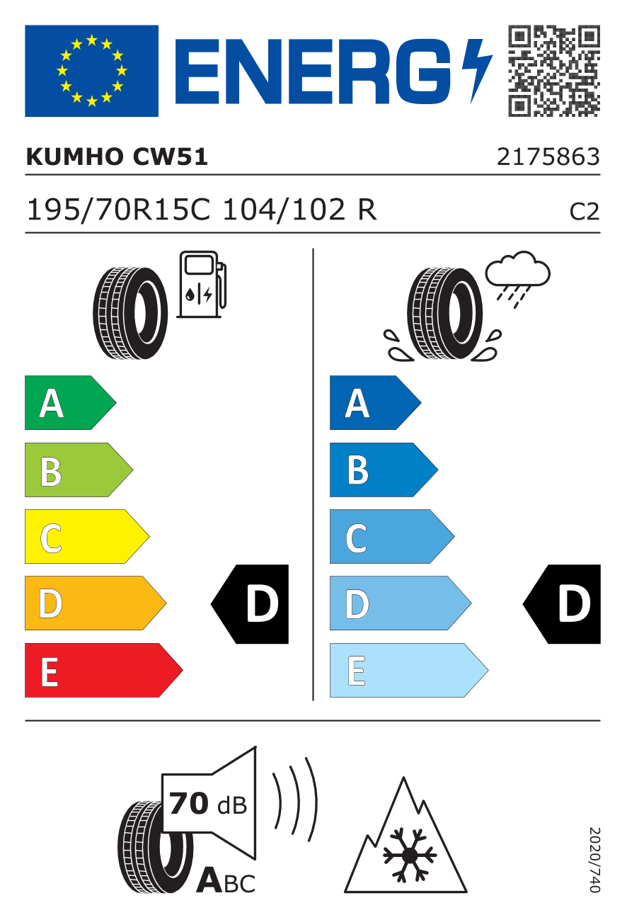 Étiquette européenne du pneu Kumho PorTran CW51 195/70 R15C