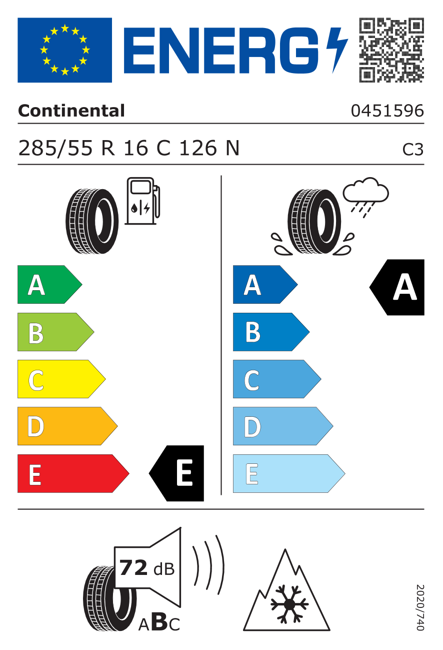 Étiquette européenne du pneu Continental VanContact A/S 285/55 R16C