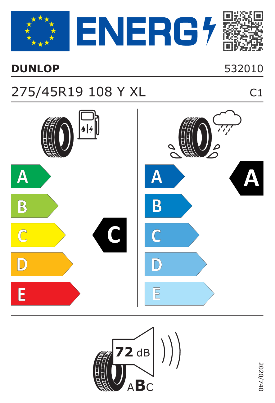 Étiquette européenne du pneu Dunlop Sport Maxx RT 2 SUV 275/45 R19